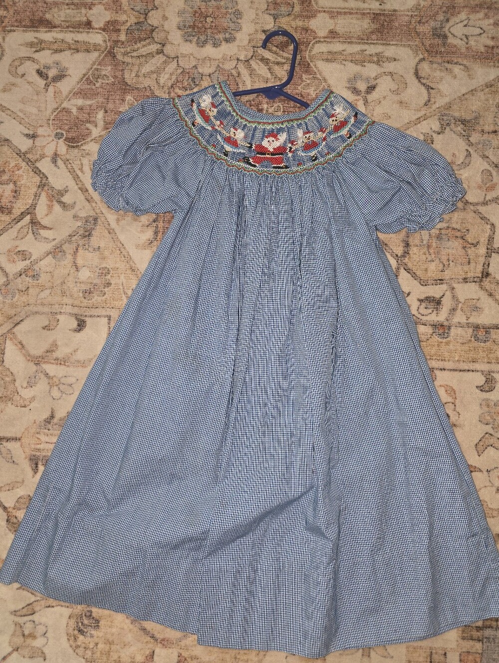 Blue Gingham Smocked Girls' Dress with Festive Motif